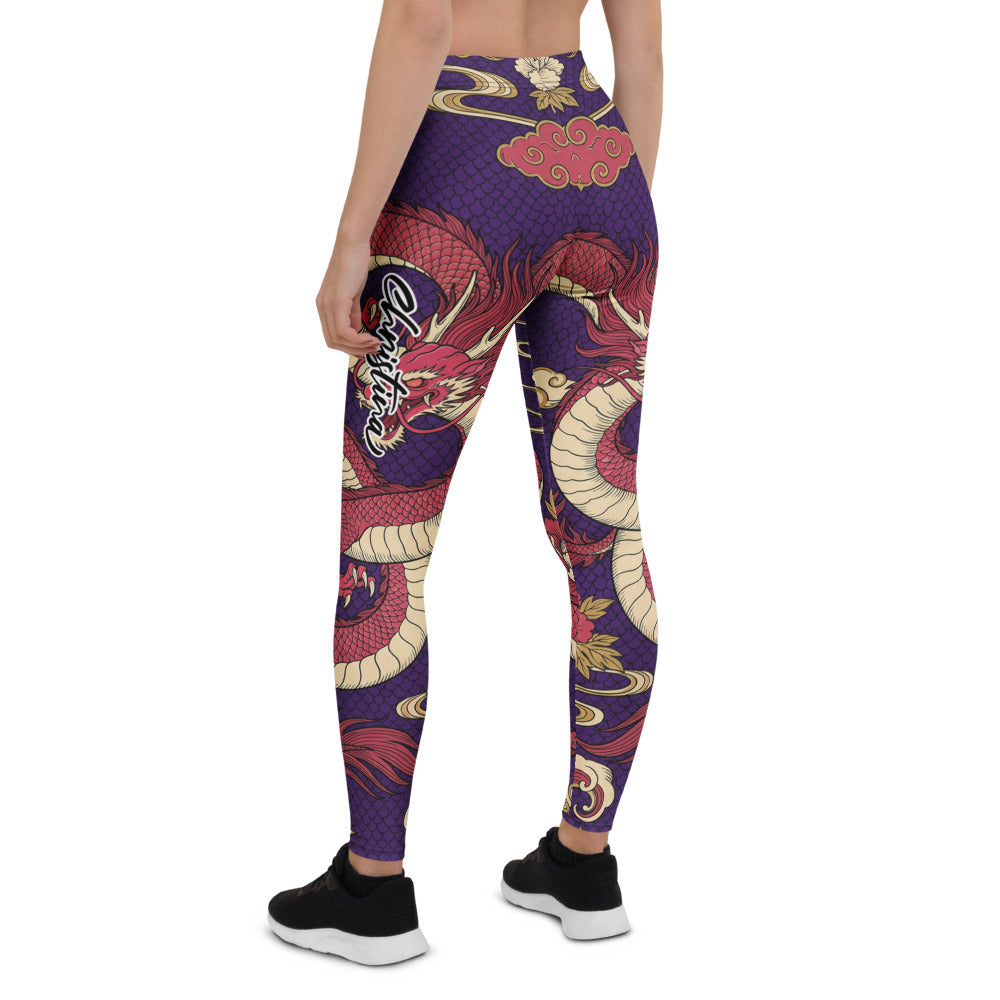 Personalisierte Damen Sportleggings Drachen Motiv Lila Rot Fitness Leggings Japan Design Yoga Hose X399