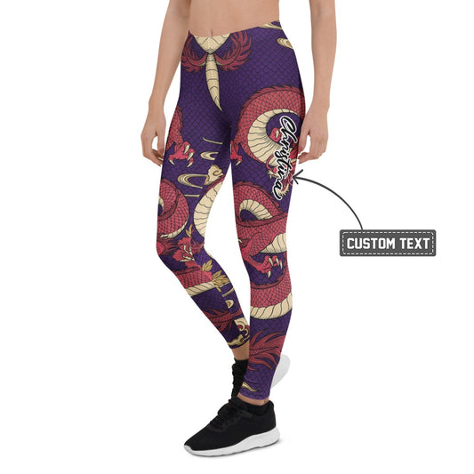 Personalisierte Damen Sportleggings Drachen Motiv Lila Rot Fitness Leggings Japan Design Yoga Hose X399 - XL