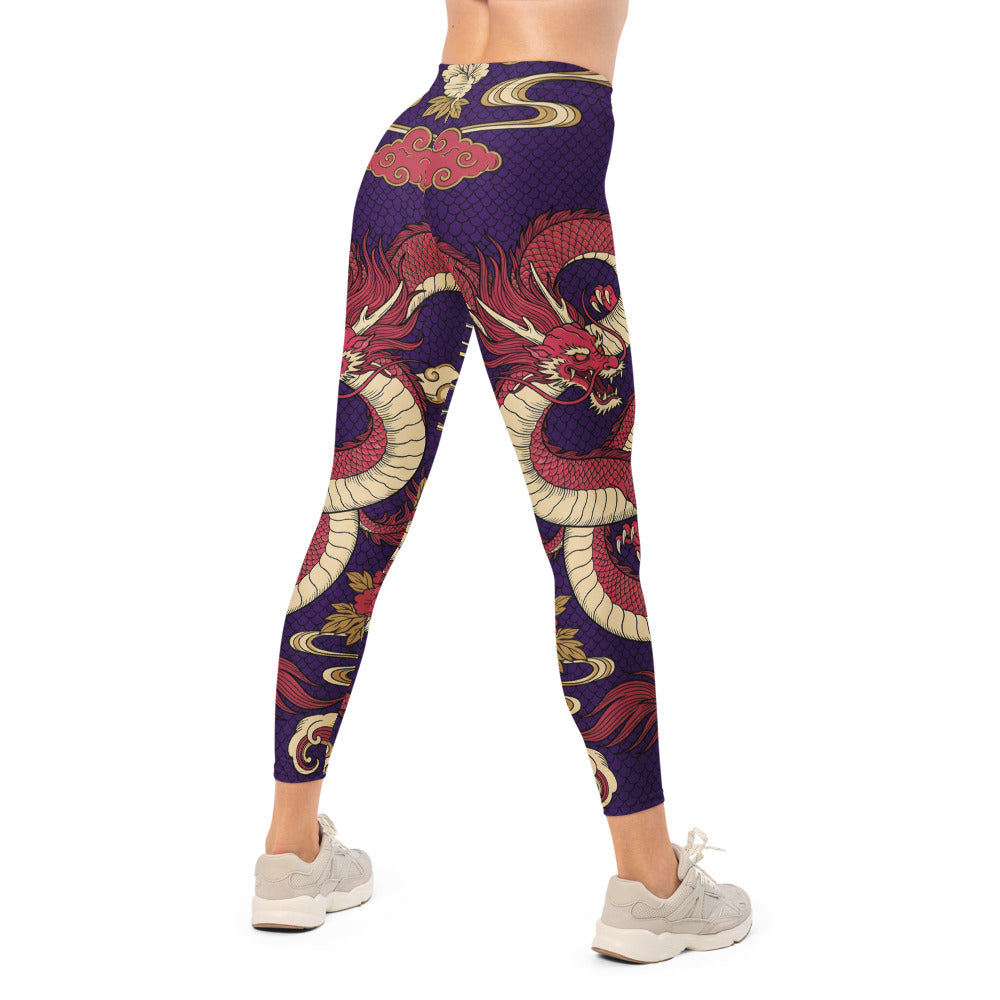 Personalisierte Damen Sportleggings Drachen Motiv Lila Rot Fitness Leggings Japan Design Yoga Hose X399
