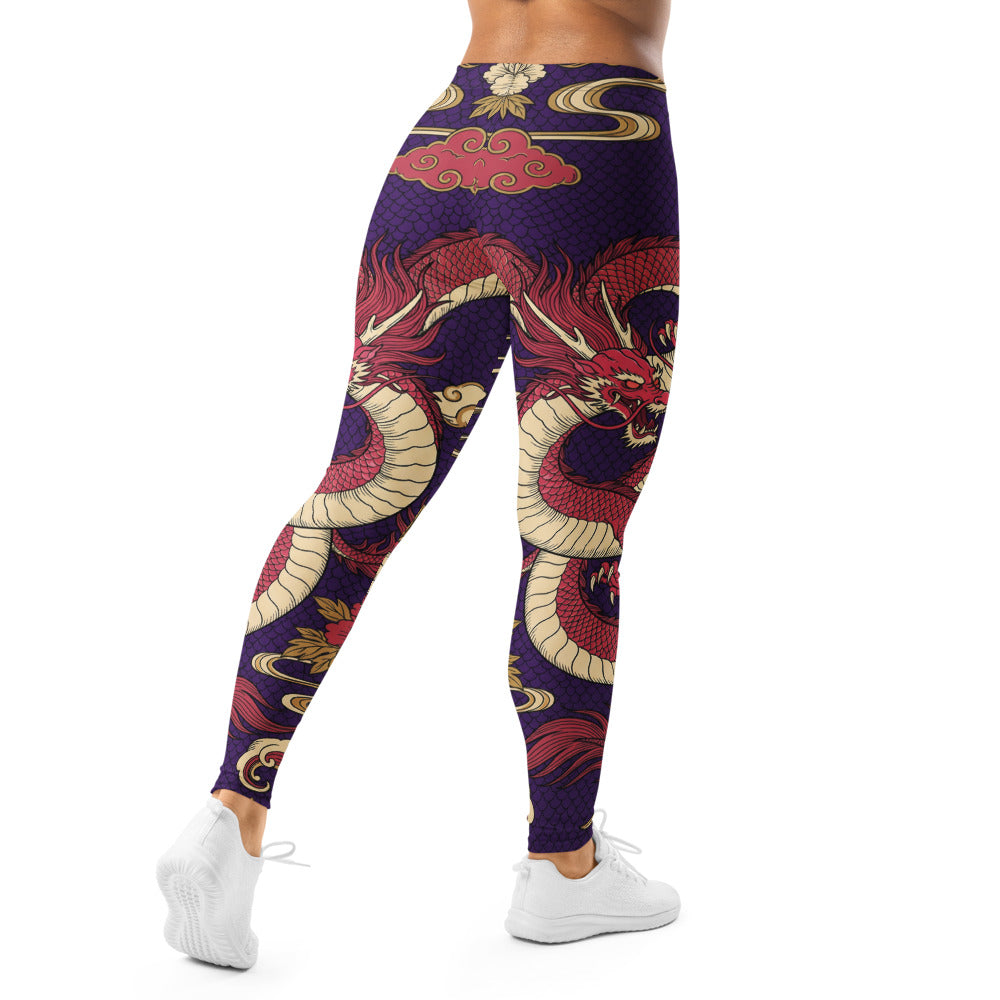 Personalisierte Damen Sportleggings Drachen Motiv Lila Rot Fitness Leggings Japan Design Yoga Hose X399