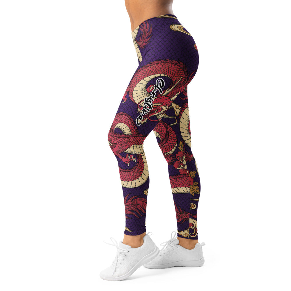 Personalisierte Damen Sportleggings Drachen Motiv Lila Rot Fitness Leggings Japan Design Yoga Hose X399