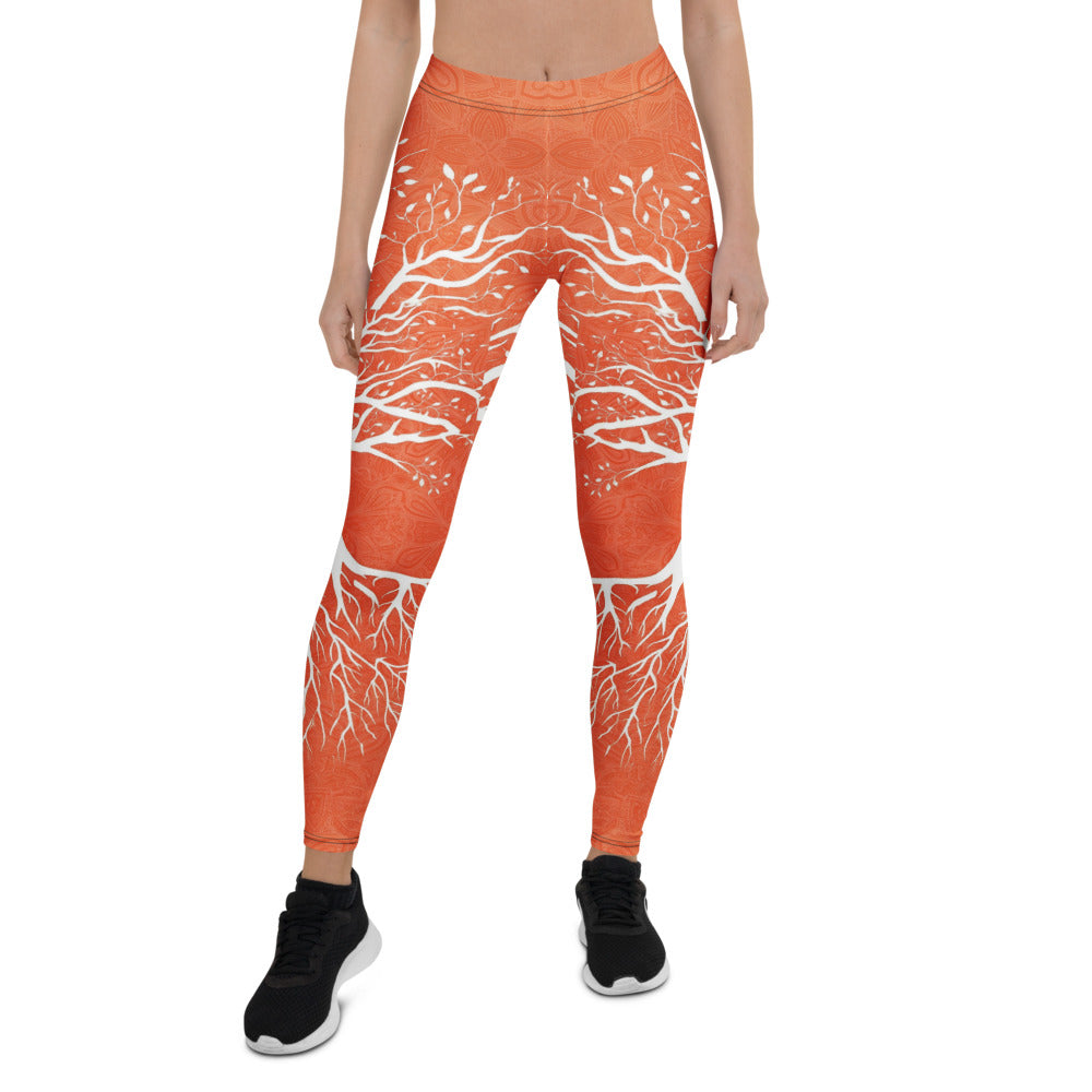 Personalisierte Damen Sportleggings Orange Weiß Lebensbaum Design Yoga Fitness Leggings K068
