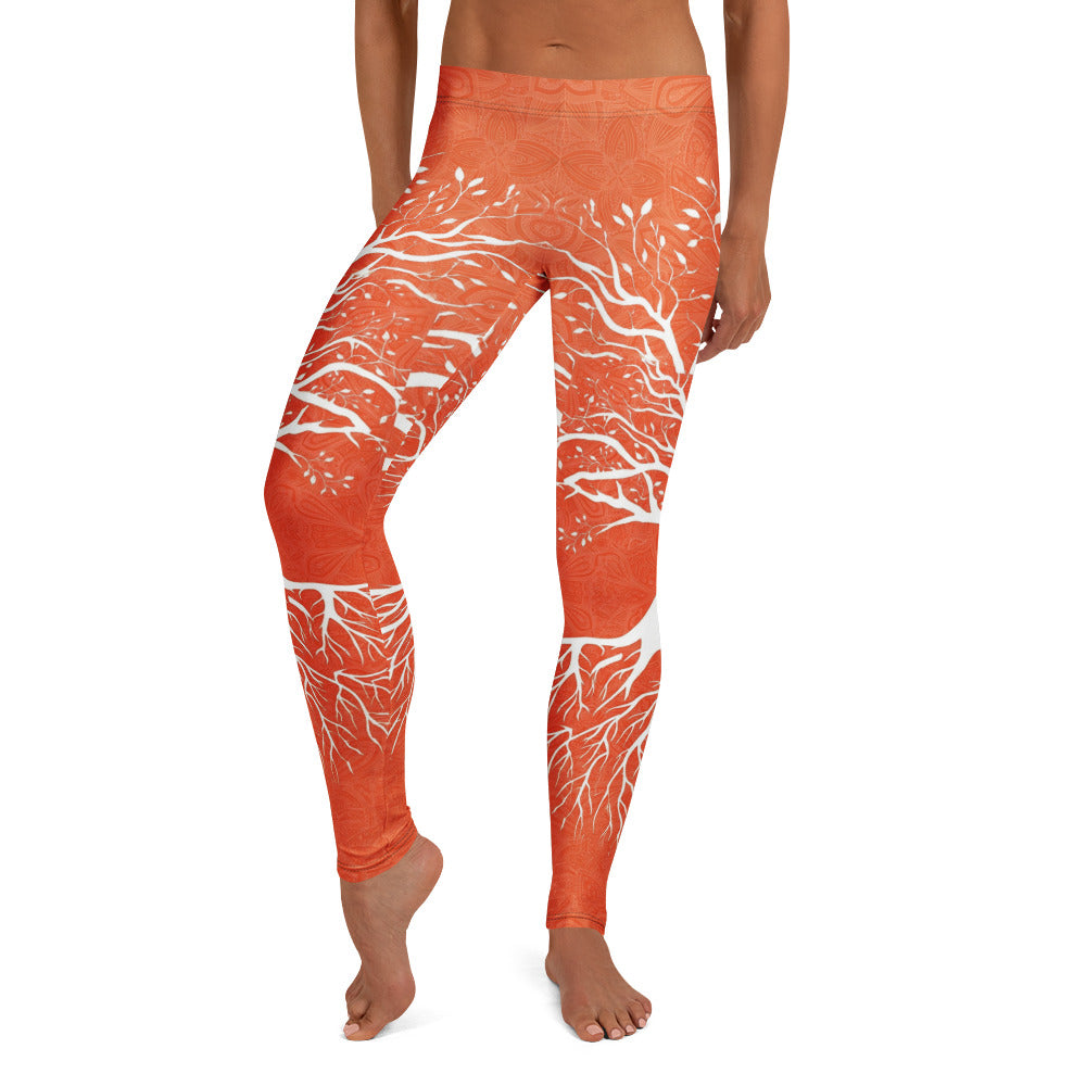 Personalisierte Damen Sportleggings Orange Weiß Lebensbaum Design Yoga Fitness Leggings K068