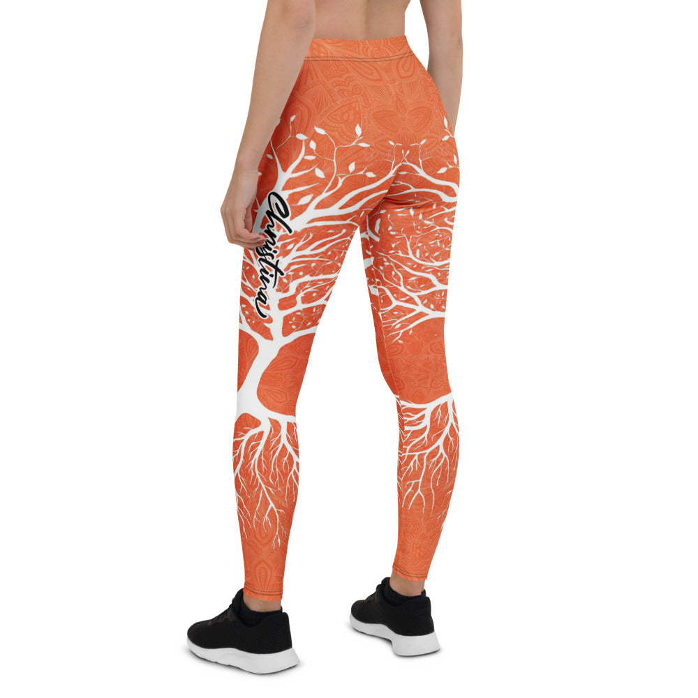 Personalisierte Damen Sportleggings Orange Weiß Lebensbaum Design Yoga Fitness Leggings K068