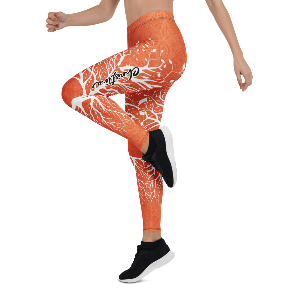Personalisierte Damen Sportleggings Orange Weiß Lebensbaum Design Yoga Fitness Leggings K068