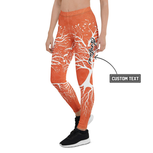 Personalisierte Damen Sportleggings Orange Weiß Lebensbaum Design Yoga Fitness Leggings K068 - XL