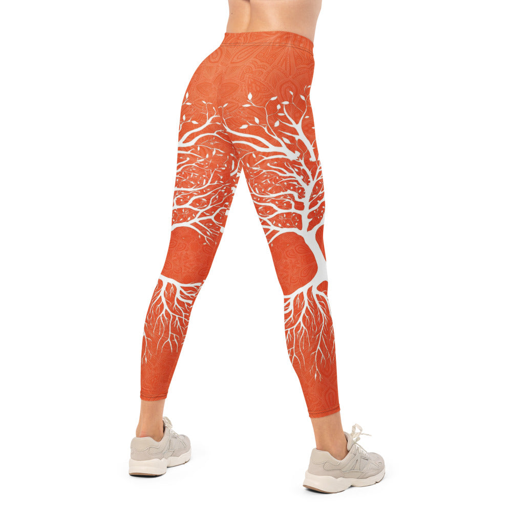 Personalisierte Damen Sportleggings Orange Weiß Lebensbaum Design Yoga Fitness Leggings K068