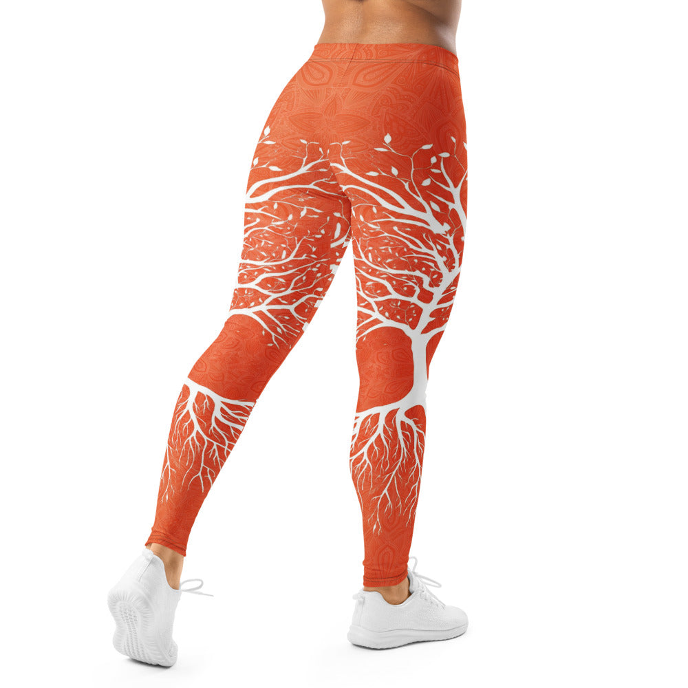 Personalisierte Damen Sportleggings Orange Weiß Lebensbaum Design Yoga Fitness Leggings K068