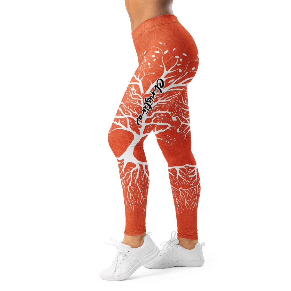 Personalisierte Damen Sportleggings Orange Weiß Lebensbaum Design Yoga Fitness Leggings K068