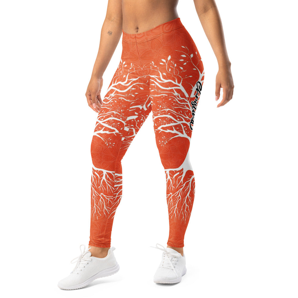 Personalisierte Damen Sportleggings Orange Weiß Lebensbaum Design Yoga Fitness Leggings K068