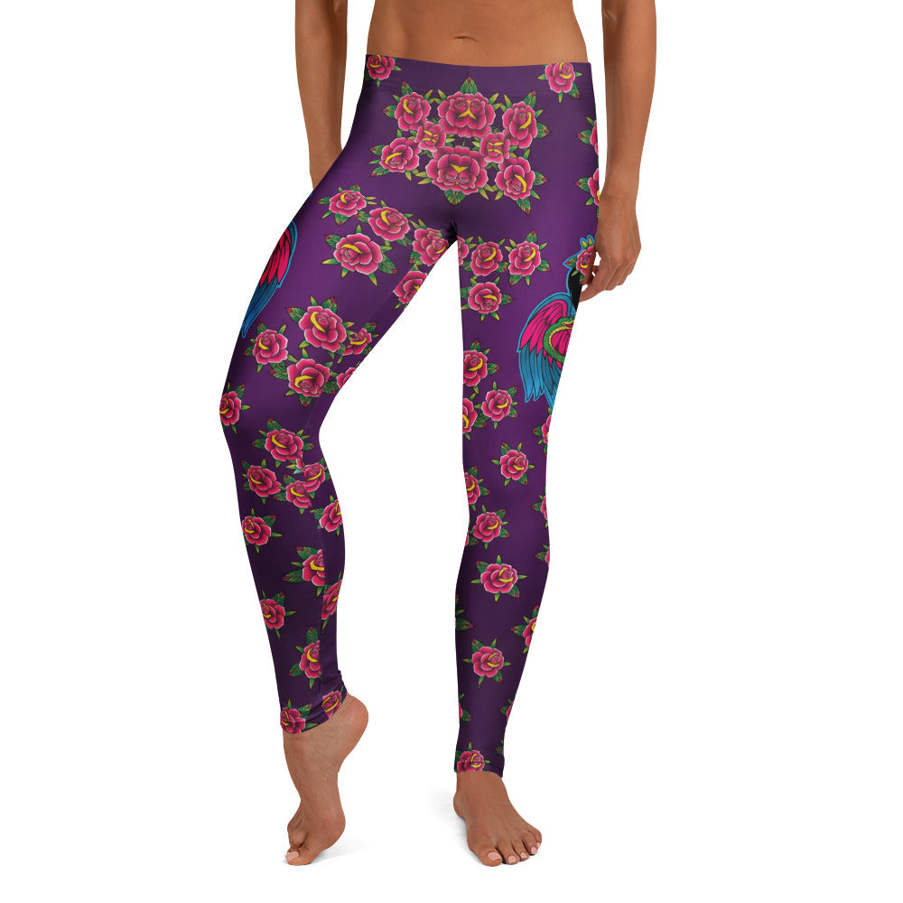 Personalisierte Damen Sportleggings Lila Rosen Muster Tattoo Flügel Design Fitness Leggings Yogahose S485