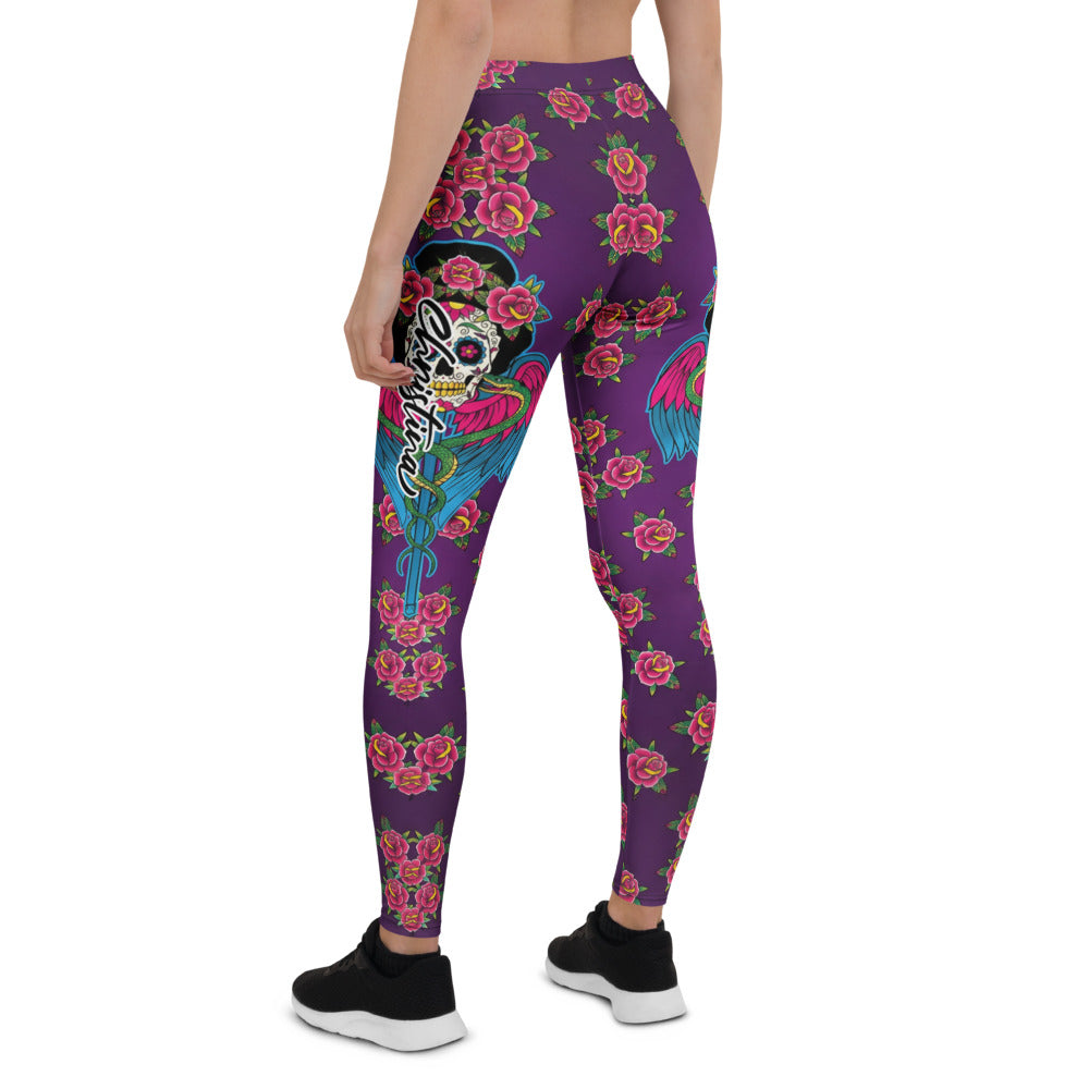 Personalisierte Damen Sportleggings Lila Rosen Muster Tattoo Flügel Design Fitness Leggings Yogahose S485