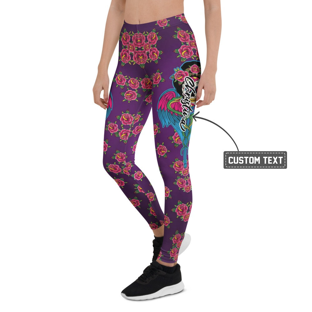 Personalisierte Damen Sportleggings Lila Rosen Muster Tattoo Flügel Design Fitness Leggings Yogahose S485 - XL