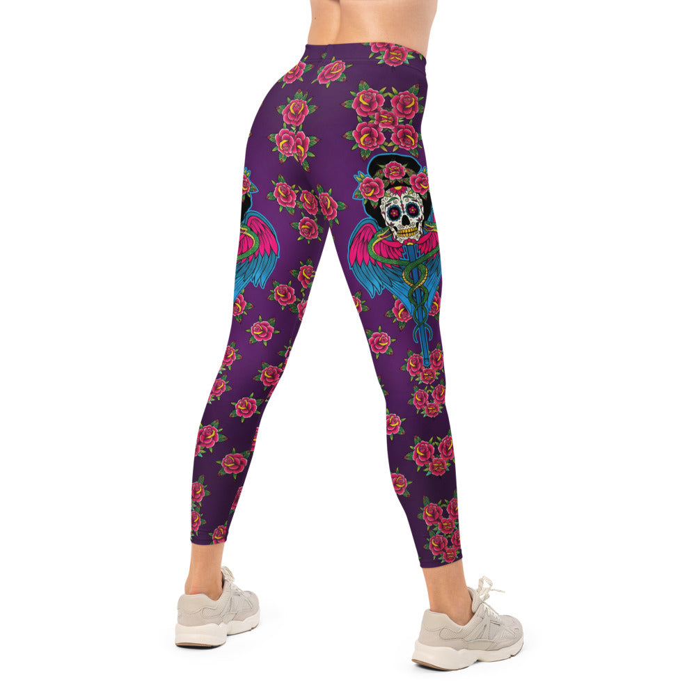 Personalisierte Damen Sportleggings Lila Rosen Muster Tattoo Flügel Design Fitness Leggings Yogahose S485