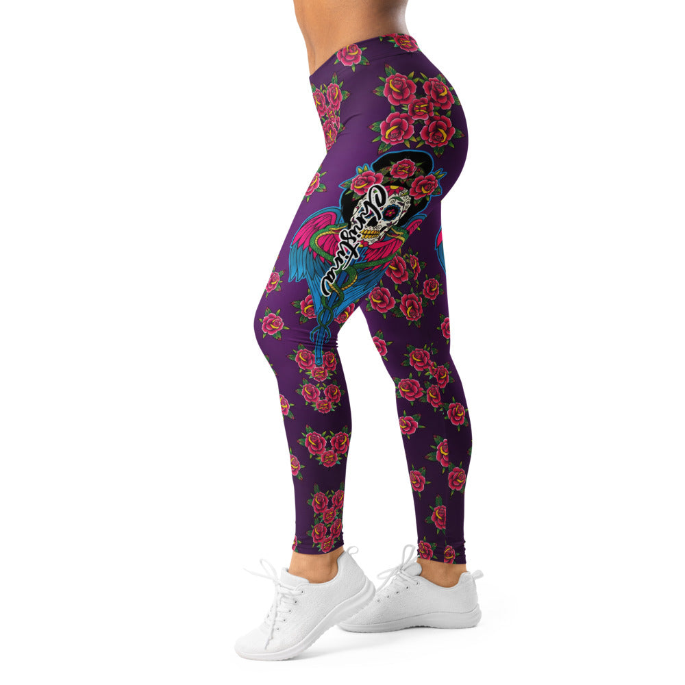 Personalisierte Damen Sportleggings Lila Rosen Muster Tattoo Flügel Design Fitness Leggings Yogahose S485