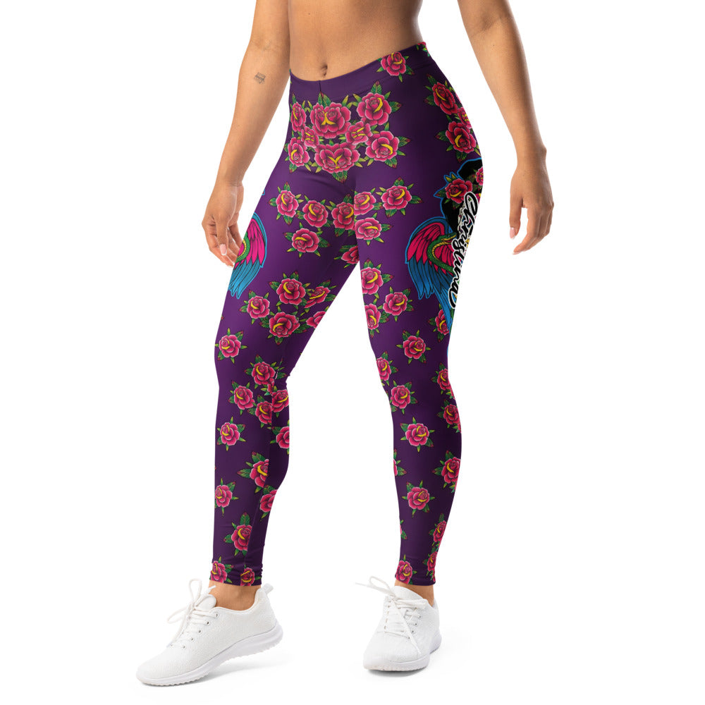 Personalisierte Damen Sportleggings Lila Rosen Muster Tattoo Flügel Design Fitness Leggings Yogahose S485