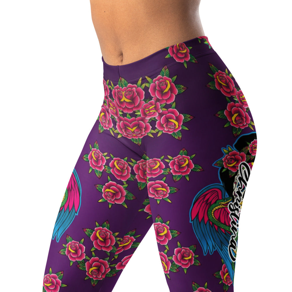 Personalisierte Damen Sportleggings Lila Rosen Muster Tattoo Flügel Design Fitness Leggings Yogahose S485