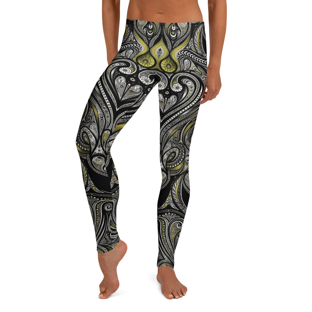Personalisierte Damen Sportleggings Paisley Muster Schwarz Gelb Ornament Yoga Fitness Leggings V445