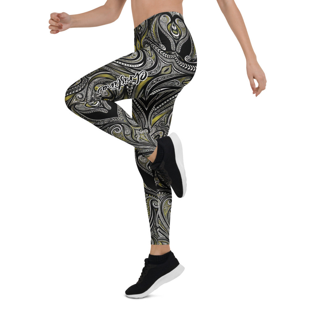Personalisierte Damen Sportleggings Paisley Muster Schwarz Gelb Ornament Yoga Fitness Leggings V445