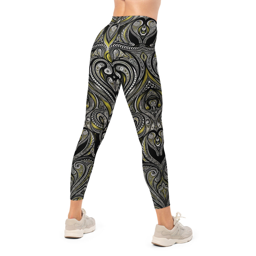Personalisierte Damen Sportleggings Paisley Muster Schwarz Gelb Ornament Yoga Fitness Leggings V445