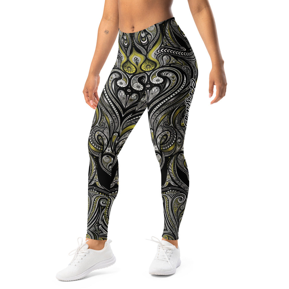 Personalisierte Damen Sportleggings Paisley Muster Schwarz Gelb Ornament Yoga Fitness Leggings V445