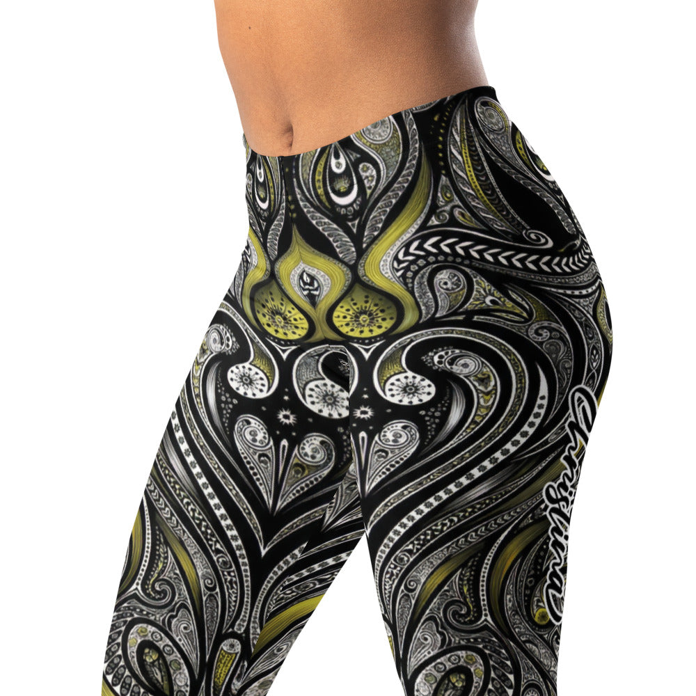 Personalisierte Damen Sportleggings Paisley Muster Schwarz Gelb Ornament Yoga Fitness Leggings V445