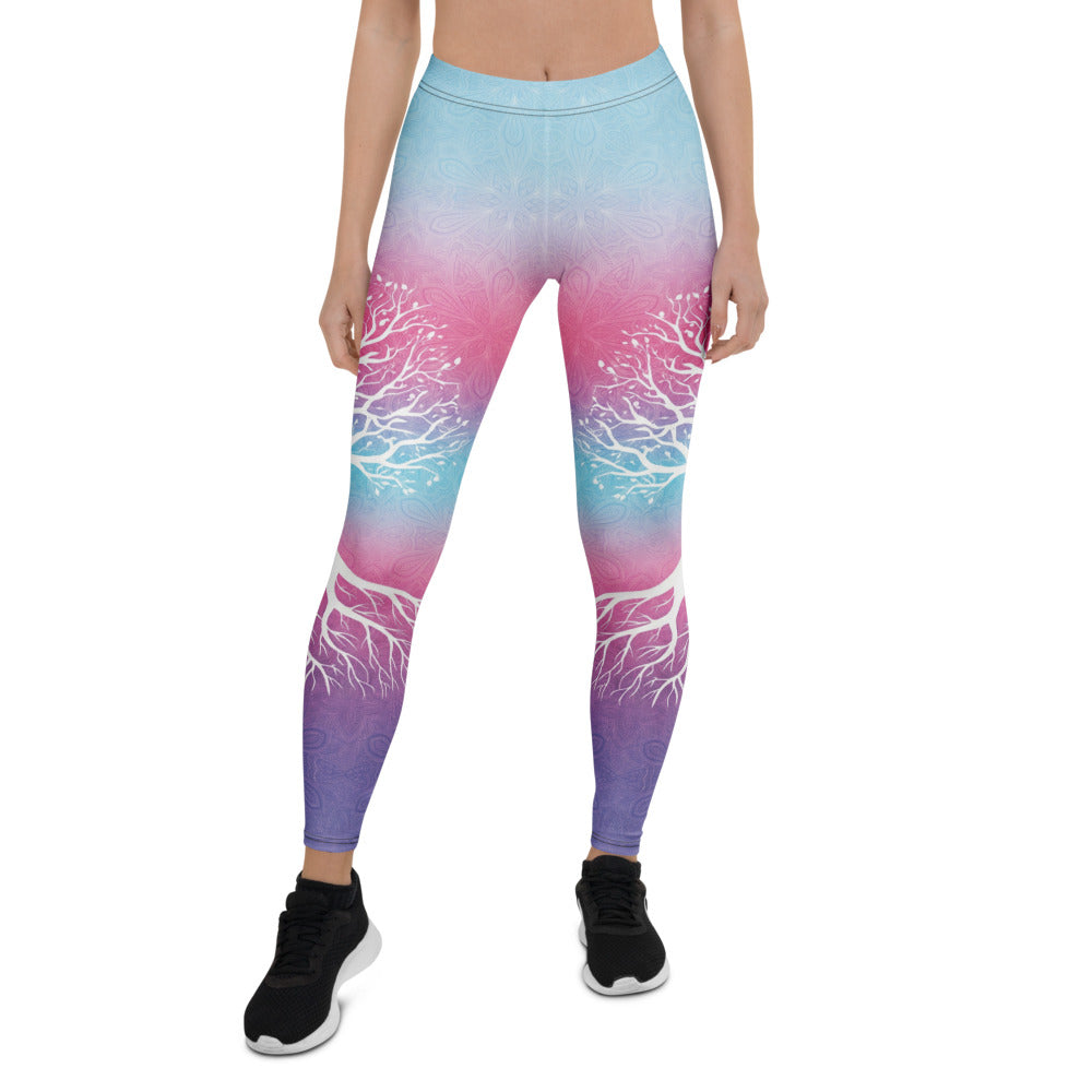Personalisierte Damen Sportleggings Lebensbaum Design Mandala Print Blau Pink Lila Farbverlauf Yoga Fitness Hose H532