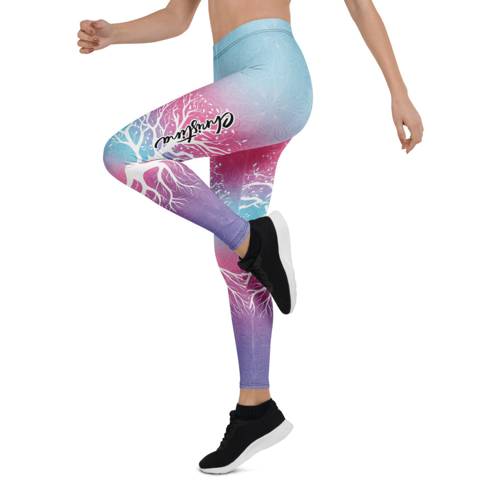 Personalisierte Damen Sportleggings Lebensbaum Design Mandala Print Blau Pink Lila Farbverlauf Yoga Fitness Hose H532