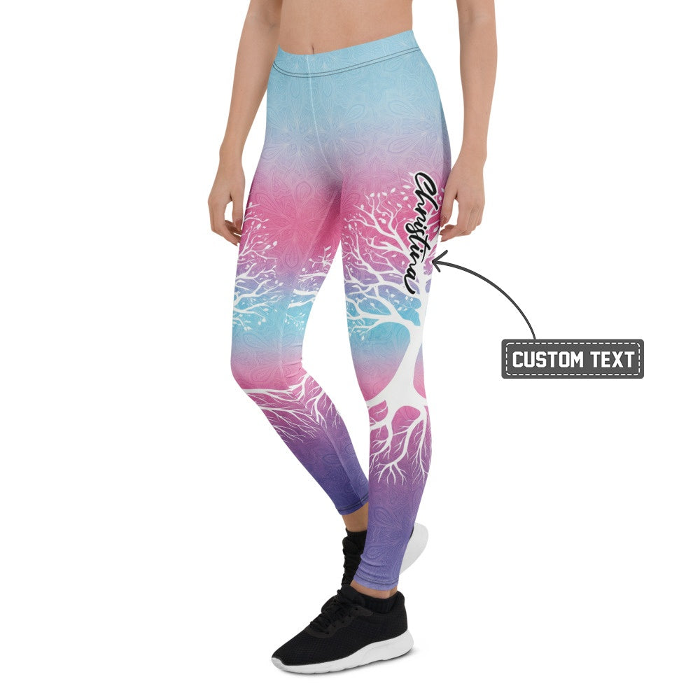Personalisierte Damen Sportleggings Lebensbaum Design Mandala Print Blau Pink Lila Farbverlauf Yoga Fitness Hose H532 - XL