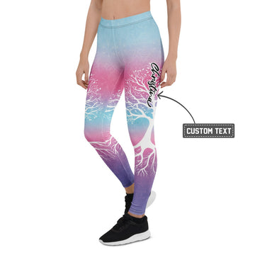 Personalisierte Damen Sportleggings Lebensbaum Design Mandala Print Blau Pink Lila Farbverlauf Yoga Fitness Hose H532 - XL