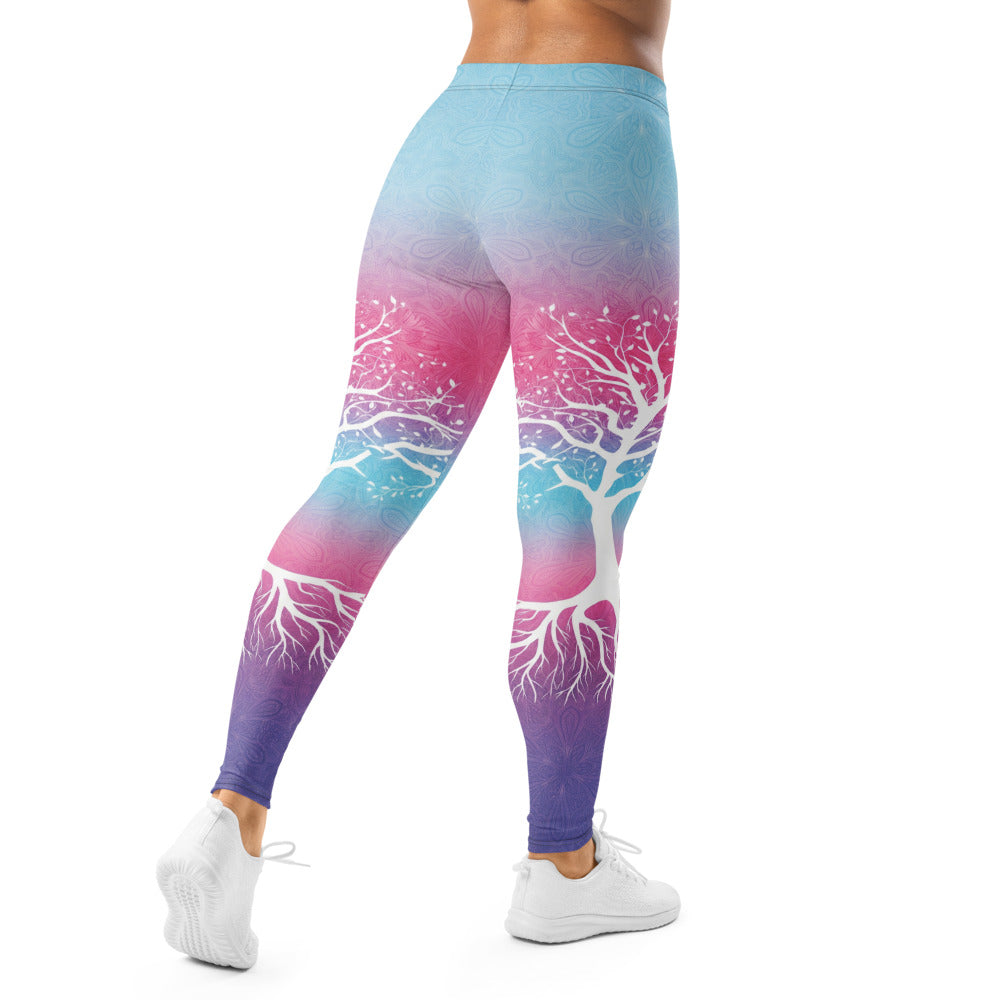 Personalisierte Damen Sportleggings Lebensbaum Design Mandala Print Blau Pink Lila Farbverlauf Yoga Fitness Hose H532