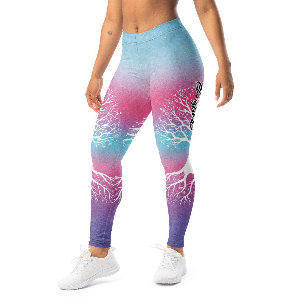 Personalisierte Damen Sportleggings Lebensbaum Design Mandala Print Blau Pink Lila Farbverlauf Yoga Fitness Hose H532