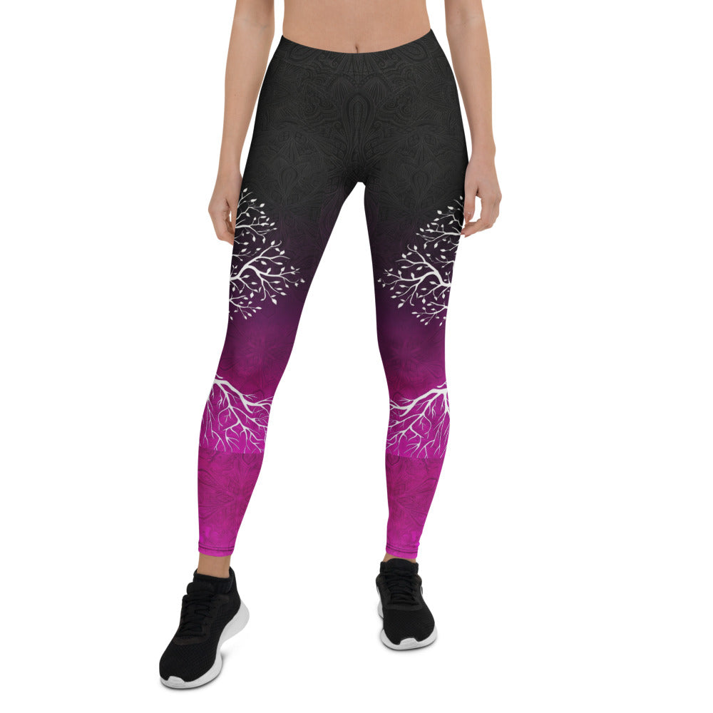 Personalisierte Damen Sportleggings Lebensbaum Motiv Schwarz Lila Yoga Fitness Leggings G727