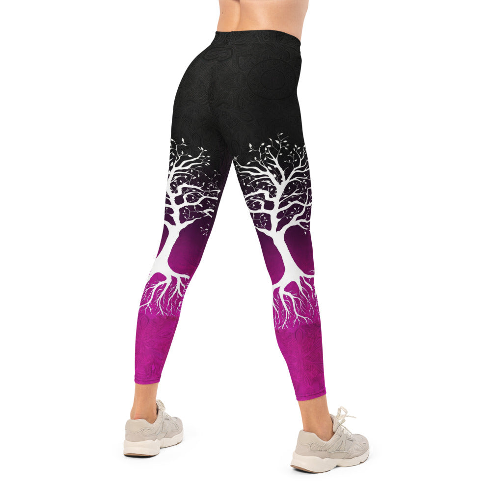 Personalisierte Damen Sportleggings Lebensbaum Motiv Schwarz Lila Yoga Fitness Leggings G727