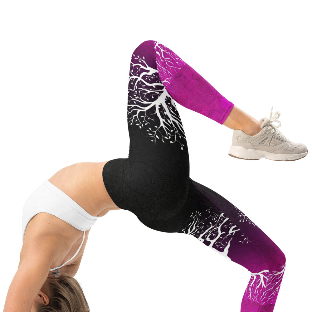 Personalisierte Damen Sportleggings Lebensbaum Motiv Schwarz Lila Yoga Fitness Leggings G727