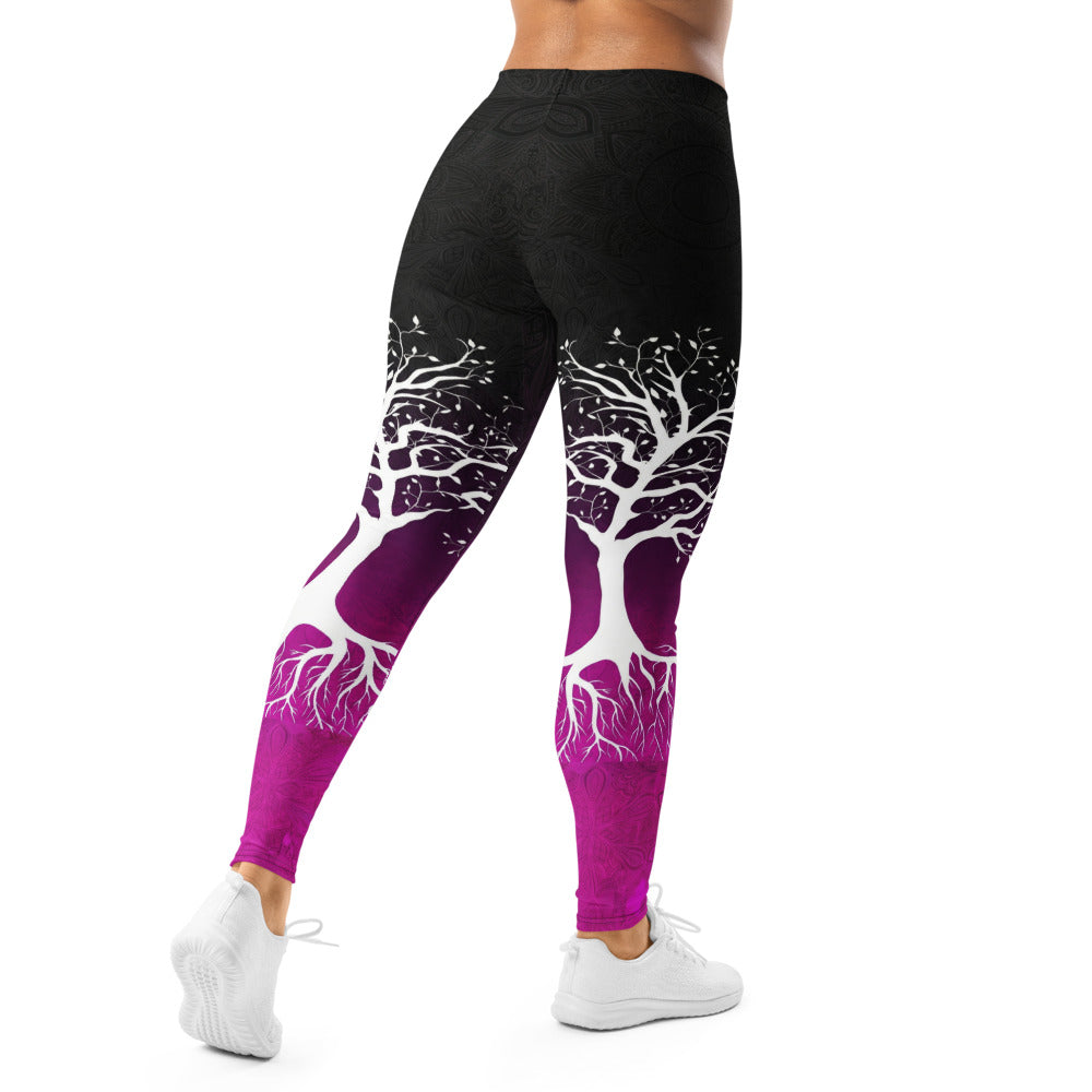 Personalisierte Damen Sportleggings Lebensbaum Motiv Schwarz Lila Yoga Fitness Leggings G727