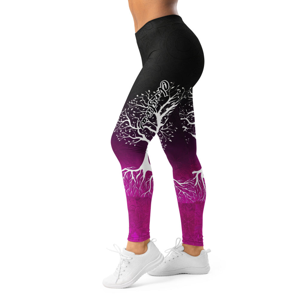 Personalisierte Damen Sportleggings Lebensbaum Motiv Schwarz Lila Yoga Fitness Leggings G727
