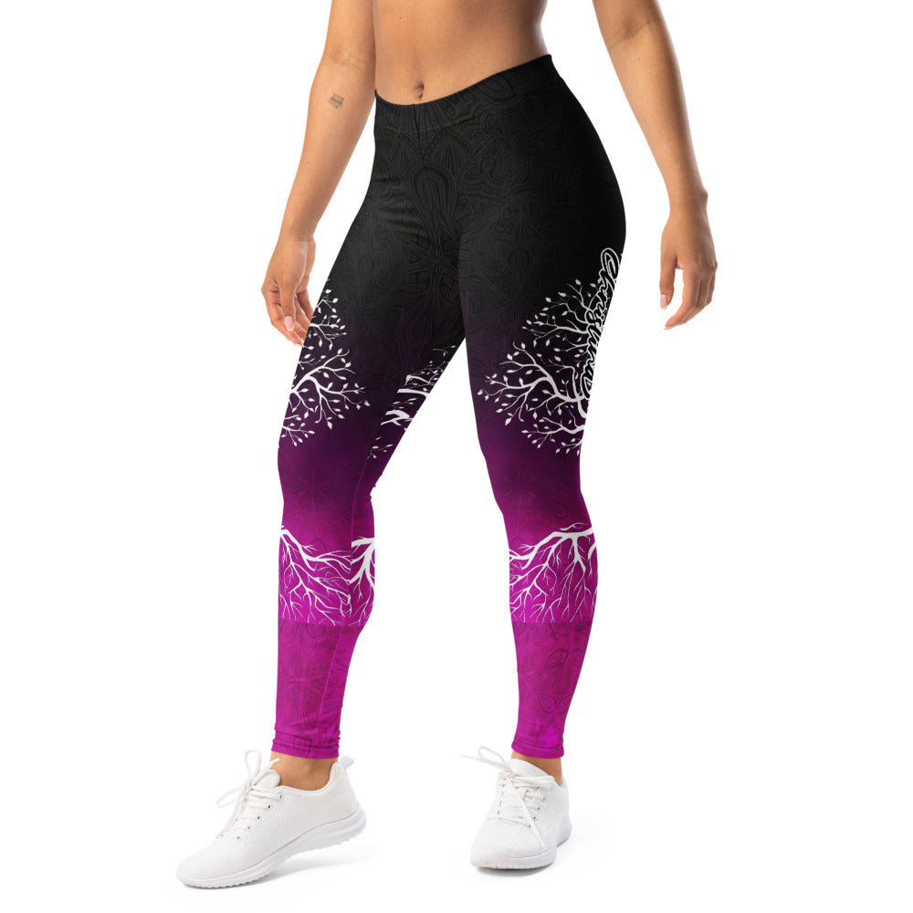 Personalisierte Damen Sportleggings Lebensbaum Motiv Schwarz Lila Yoga Fitness Leggings G727