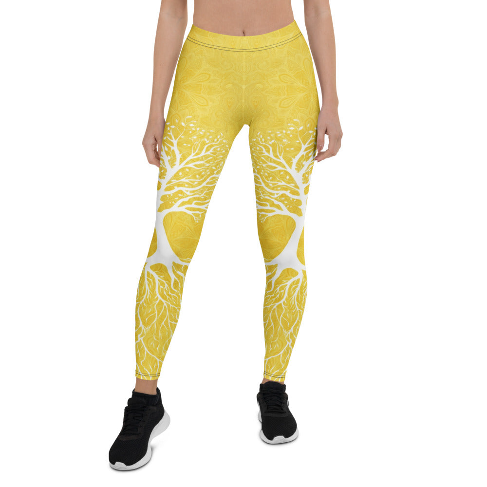 Personalisierte Yoga Leggings Damen Gelb Lebensbaum Mandala Muster Sportleggings Fitnesshose X897
