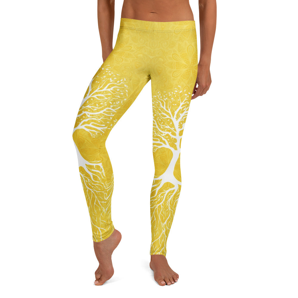 Personalisierte Yoga Leggings Damen Gelb Lebensbaum Mandala Muster Sportleggings Fitnesshose X897