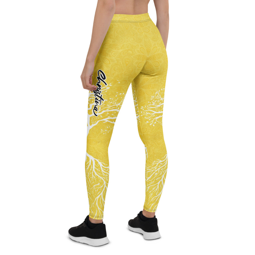 Personalisierte Yoga Leggings Damen Gelb Lebensbaum Mandala Muster Sportleggings Fitnesshose X897