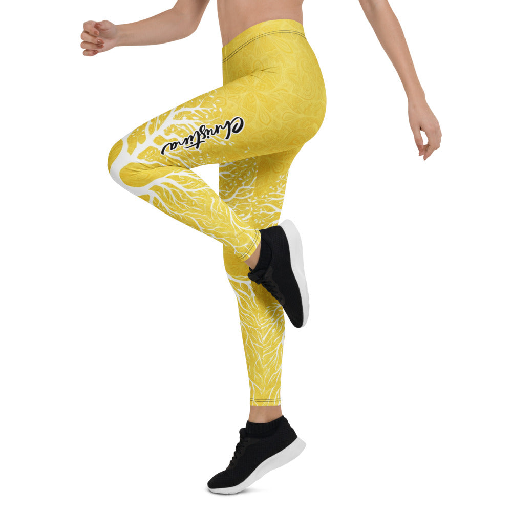 Personalisierte Yoga Leggings Damen Gelb Lebensbaum Mandala Muster Sportleggings Fitnesshose X897