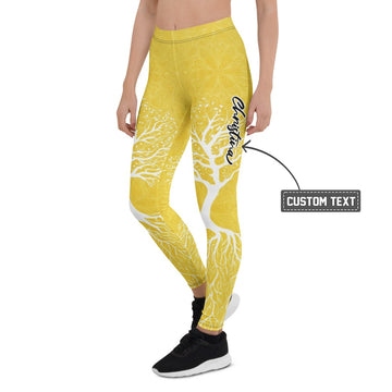 Personalisierte Yoga Leggings Damen Gelb Lebensbaum Mandala Muster Sportleggings Fitnesshose X897 - XL