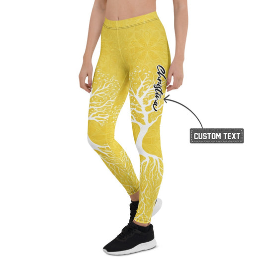 Personalisierte Yoga Leggings Damen Gelb Lebensbaum Mandala Muster Sportleggings Fitnesshose X897 - XL