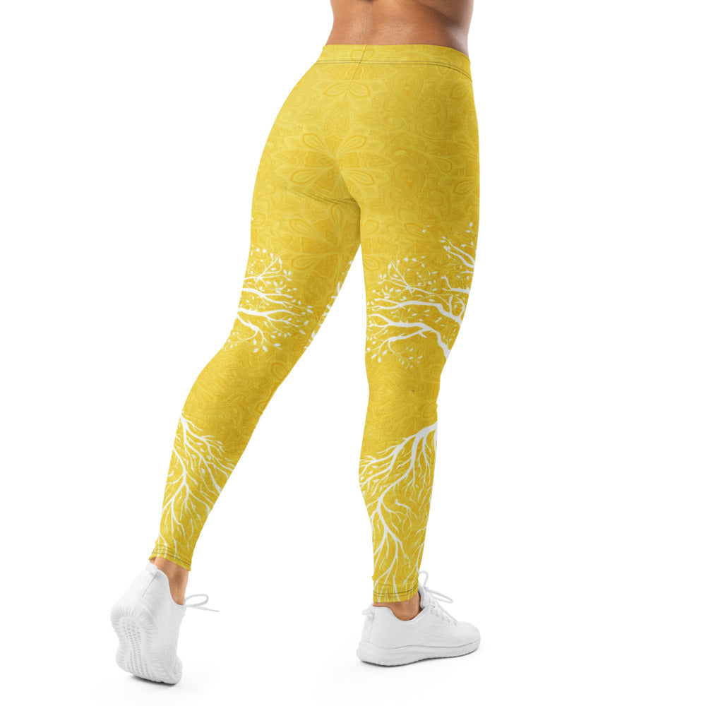 Personalisierte Yoga Leggings Damen Gelb Lebensbaum Mandala Muster Sportleggings Fitnesshose X897