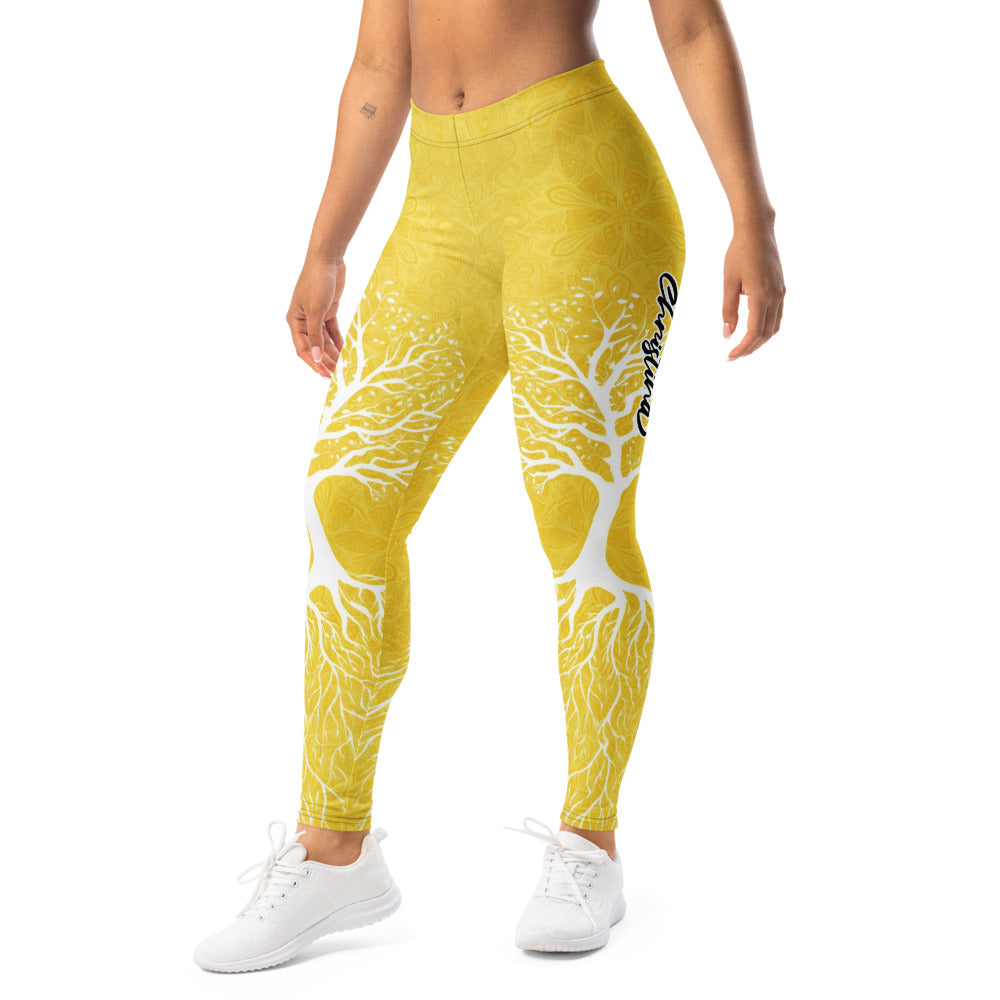 Personalisierte Yoga Leggings Damen Gelb Lebensbaum Mandala Muster Sportleggings Fitnesshose X897