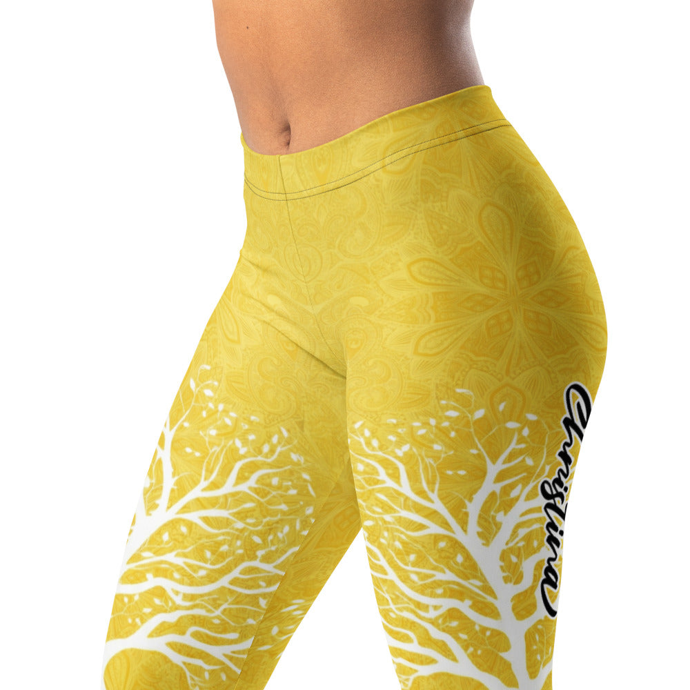 Personalisierte Yoga Leggings Damen Gelb Lebensbaum Mandala Muster Sportleggings Fitnesshose X897