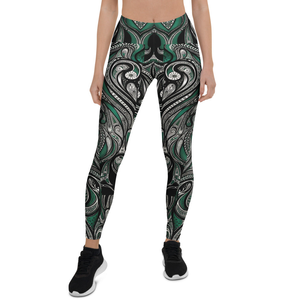 Personalisierte Damen Sportleggings Paisley Ornament Muster Grün Schwarz Yoga Fitness Leggings P676