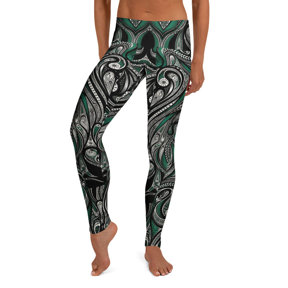 Personalisierte Damen Sportleggings Paisley Ornament Muster Grün Schwarz Yoga Fitness Leggings P676