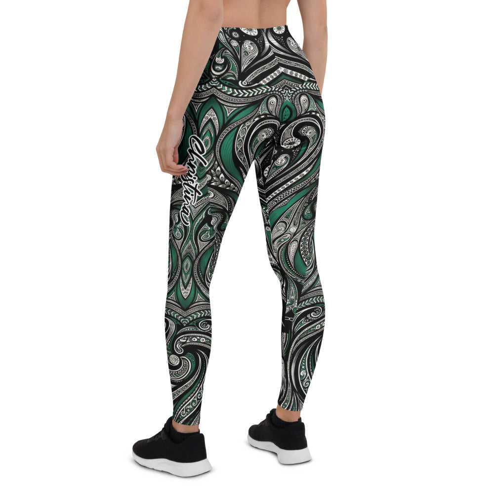 Personalisierte Damen Sportleggings Paisley Ornament Muster Grün Schwarz Yoga Fitness Leggings P676